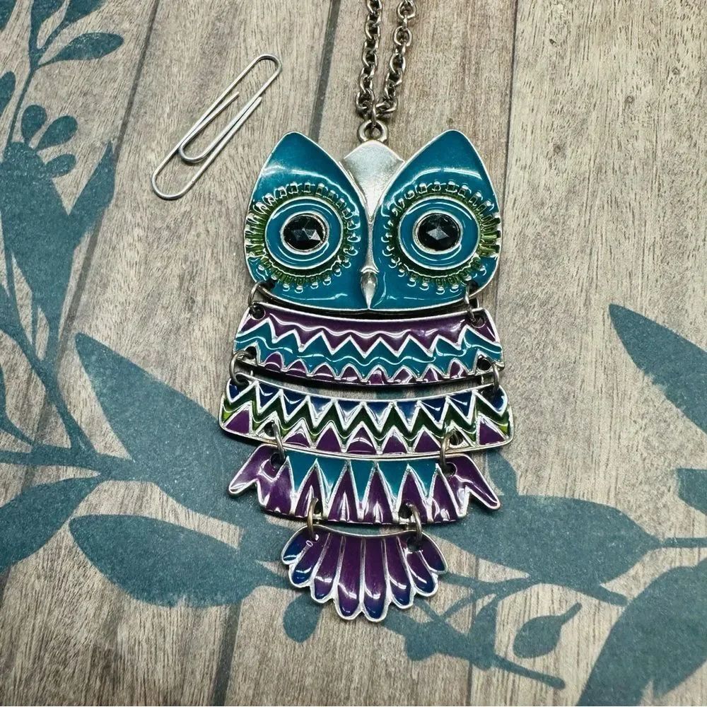 Silver Purple Turquoise Enamel Articulated Owl Necklace B7‎